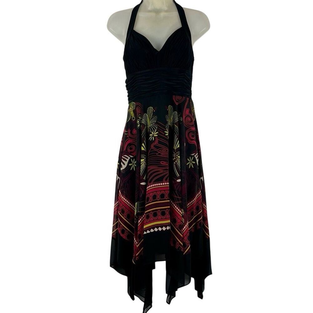 Sangria Ruched Bodice Asymmetrical Handkerchief Hem Halter Dress 4